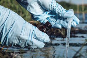 researcher will gloves collecting a water sample